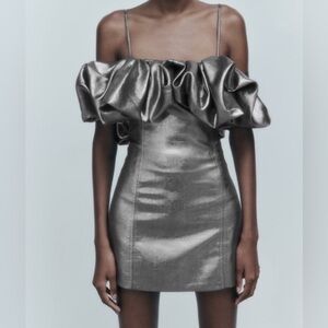 Zara Voluminous Metallic Silver Party/Cocktail Mini Dress Size S